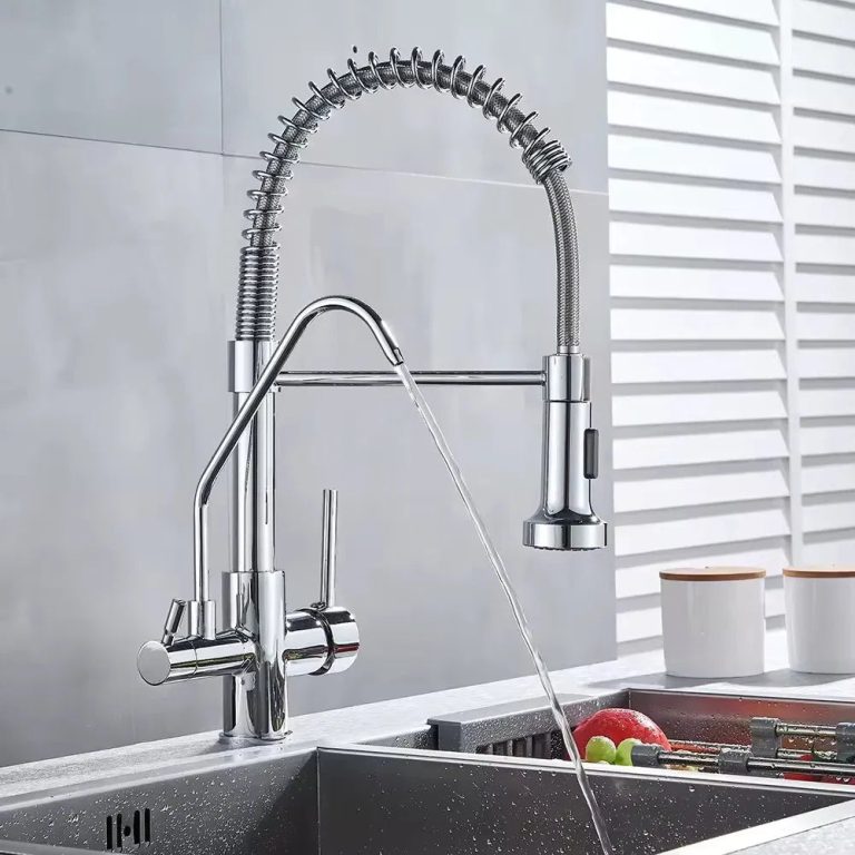 Doppelte Küchenarmatur aus Chrom – Gereinigtes Wasser + Warm-/Kaltwasser, 360°-Drehung