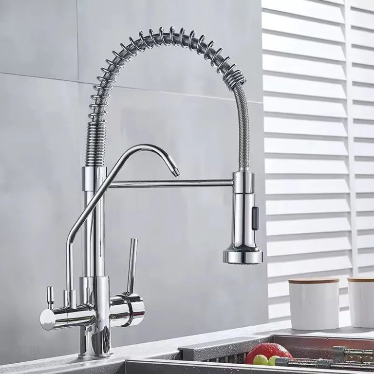 Doppelte Küchenarmatur aus Chrom – Gereinigtes Wasser + Warm-/Kaltwasser, 360°-Drehung