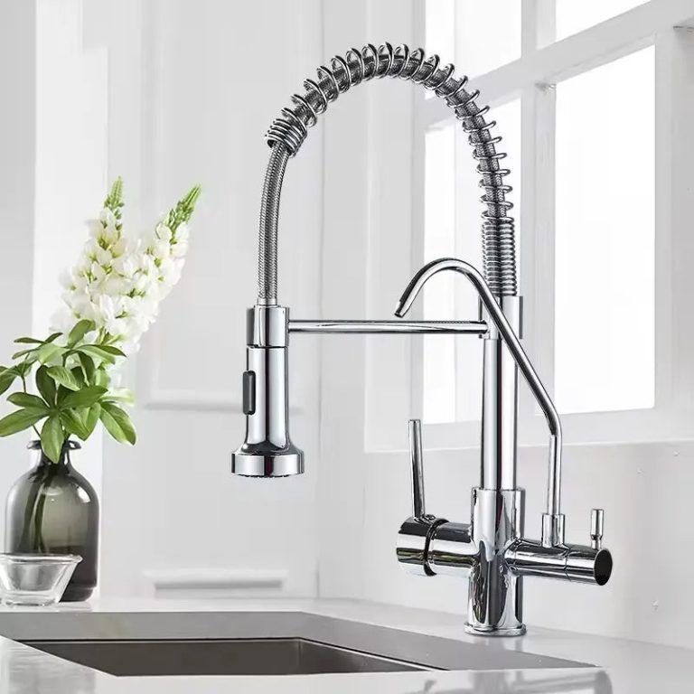 Doppelte Küchenarmatur aus Chrom – Gereinigtes Wasser + Warm-/Kaltwasser, 360°-Drehung