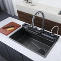Hochwertige Edelstahlspüle mit 2 Wasserfällen und Schneidebrett, Schwarz