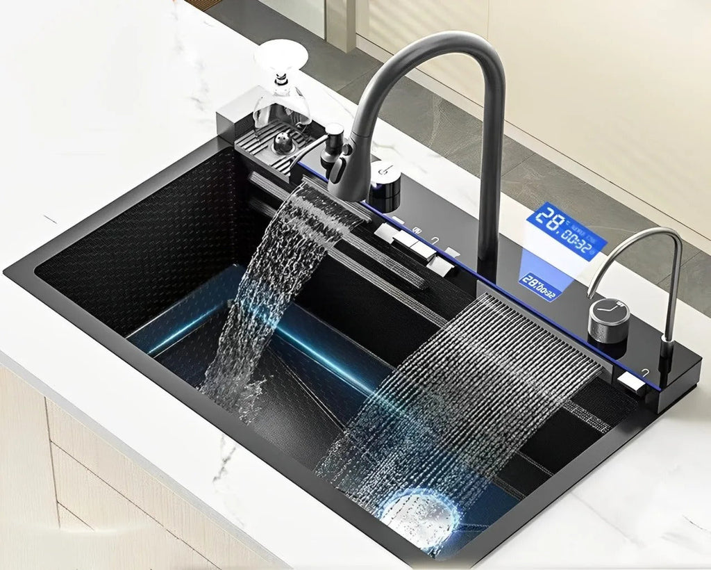 Hochwertige Edelstahlspüle mit 2 Wasserfällen und Schneidebrett, Schwarz