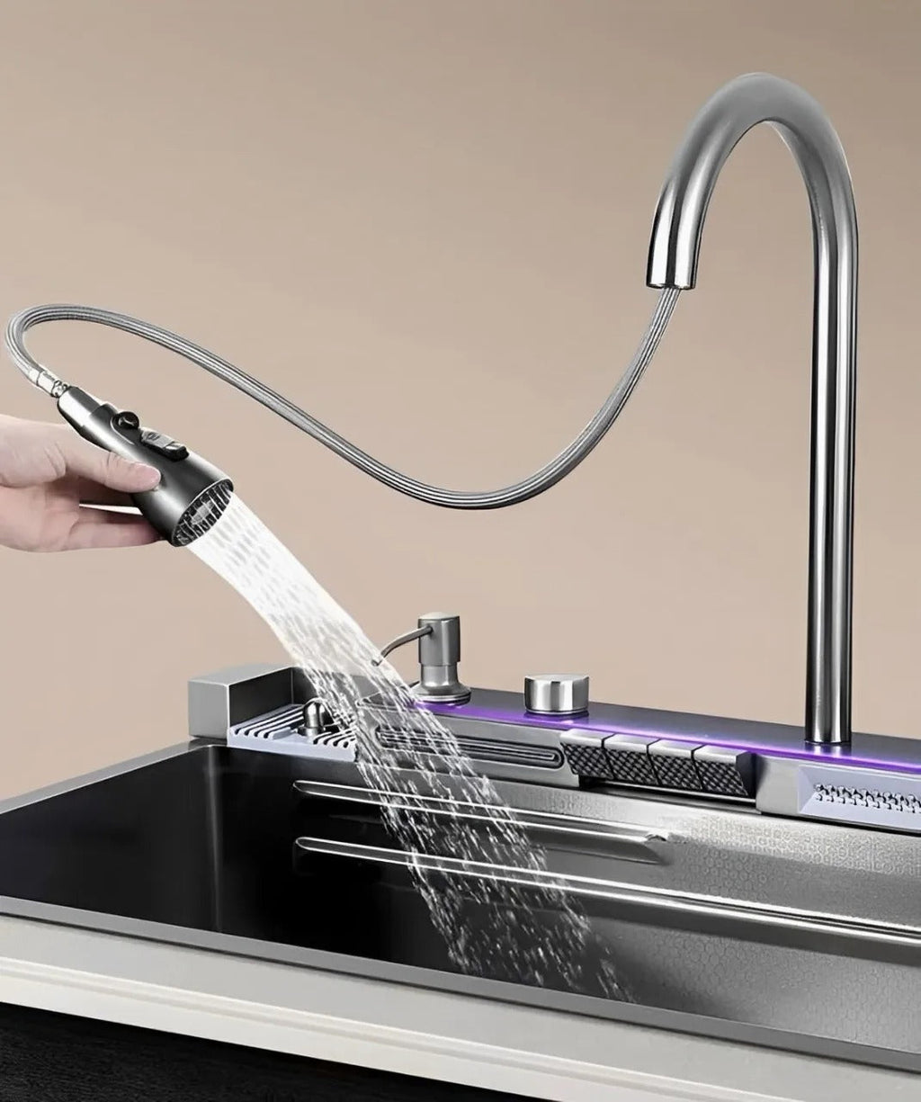 Hochwertige Edelstahlspüle mit 2 Wasserfällen und Schneidebrett, Schwarz