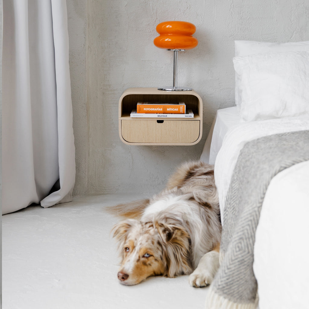 Floating Nightstand with Drawer, Minimalist Wall Mounted Oak Bedside Table