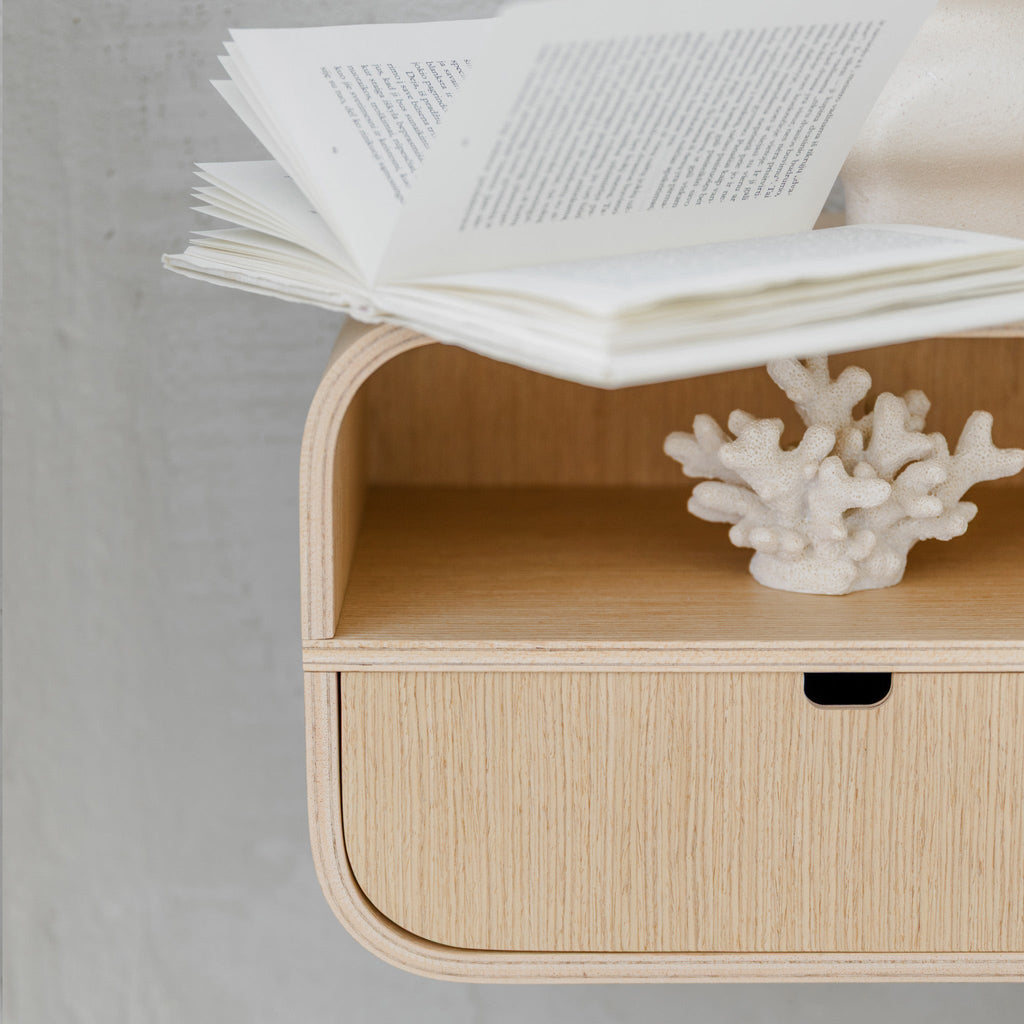 Floating Nightstand with Drawer, Minimalist Wall Mounted Oak Bedside Table
