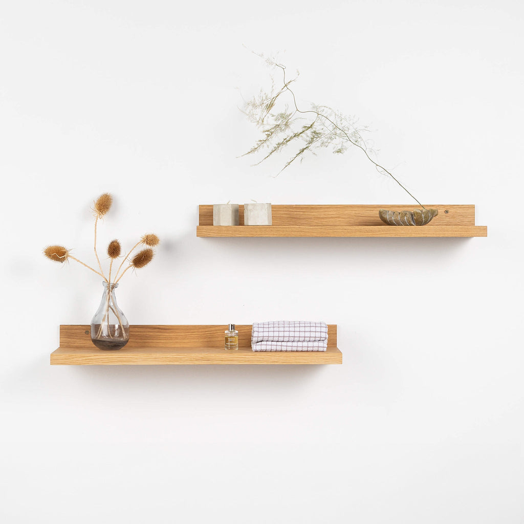 2 Floating Wooden Shelves - Oak Wall Shelf for Home Decor & Storage
